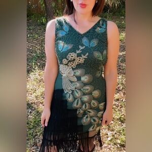 Vintage Elegant Green and Black Embellished Dress